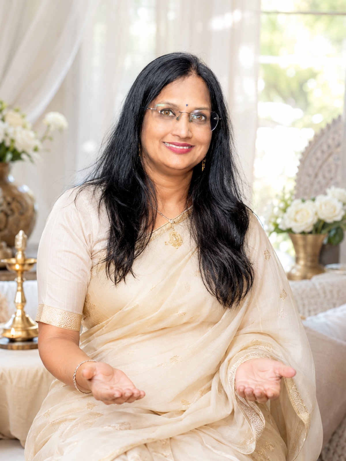Grand Master Anju Pahade, Reiki healer, seated in a cream saree with palms open in a gesture of healing