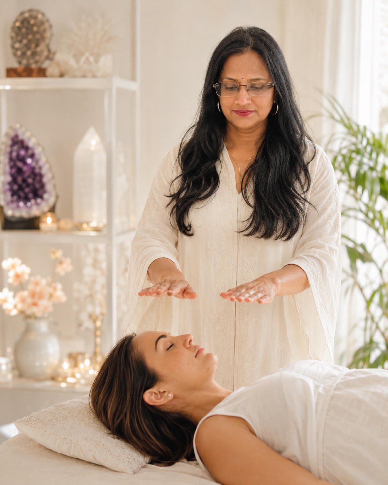 Grand Master Anju Pahade performing a Reiki healing session, hands hovering over a relaxed client in a serene crystal-filled room